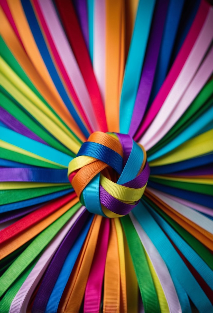 A colorful array of intertwined ribbons and strings, forming the shape of a knot