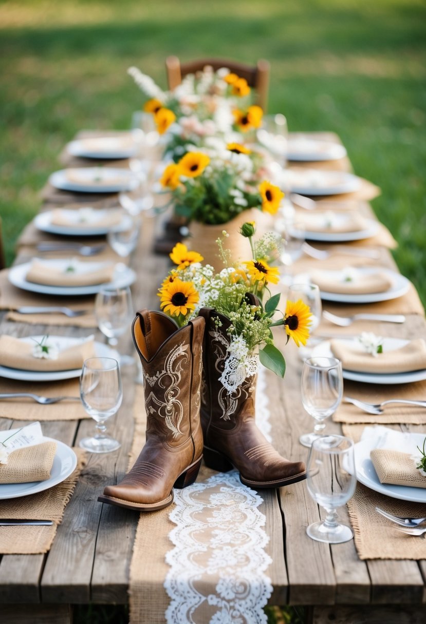 A rustic wooden table adorned with burlap and lace centerpieces, featuring wildflowers and cowboy boots as western wedding decor