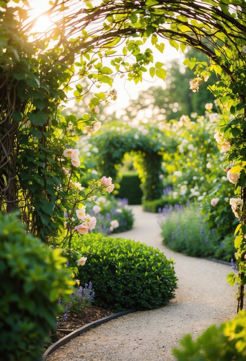 A winding path through a lush garden with intertwined vines and blooming flowers. A soft, golden light bathes the scene, creating a romantic atmosphere