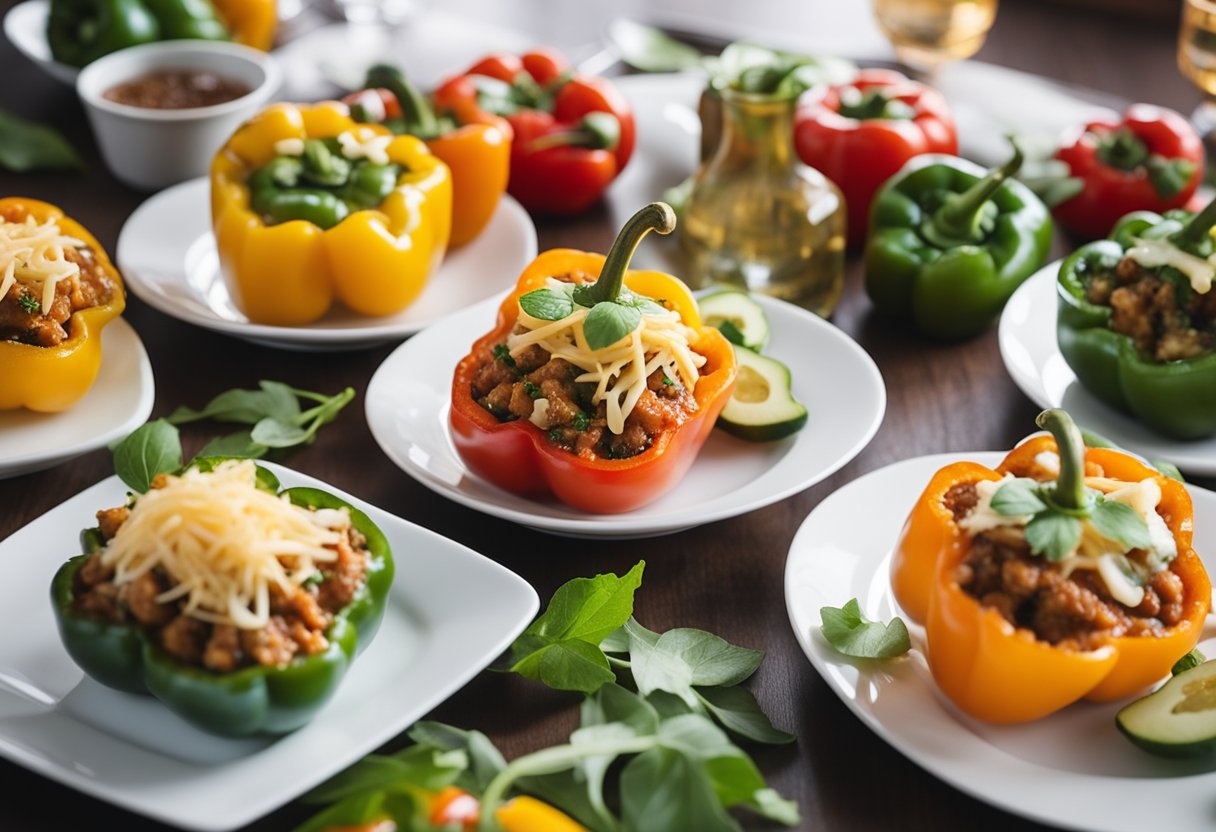 A table set with colorful keto stuffed bell peppers surrounded by 12 different keto spa resort meal options