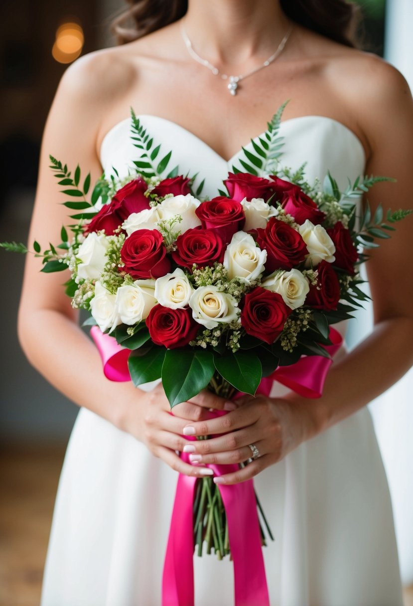 A heart-shaped bouquet of flowers held by two intertwined ribbons