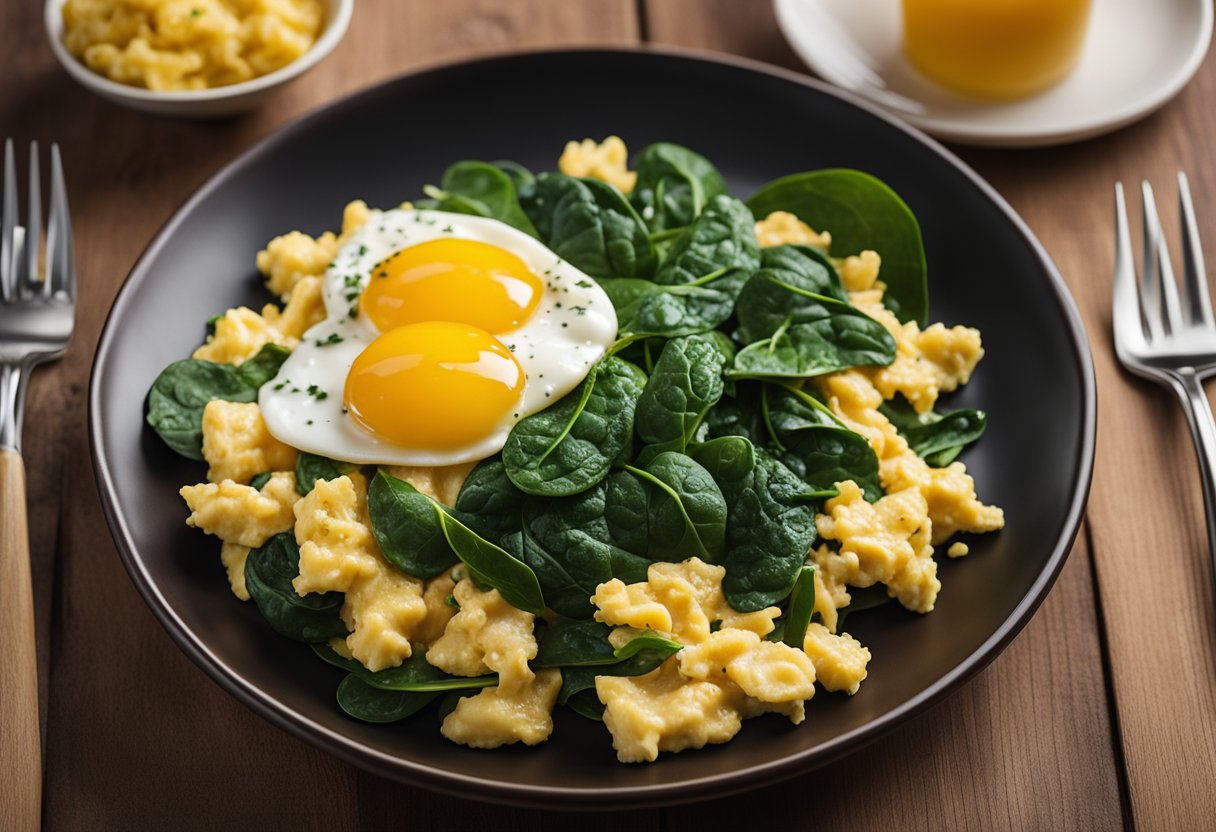 A plate of scrambled eggs with spinach surrounded by 11 other keto spa resort meal options