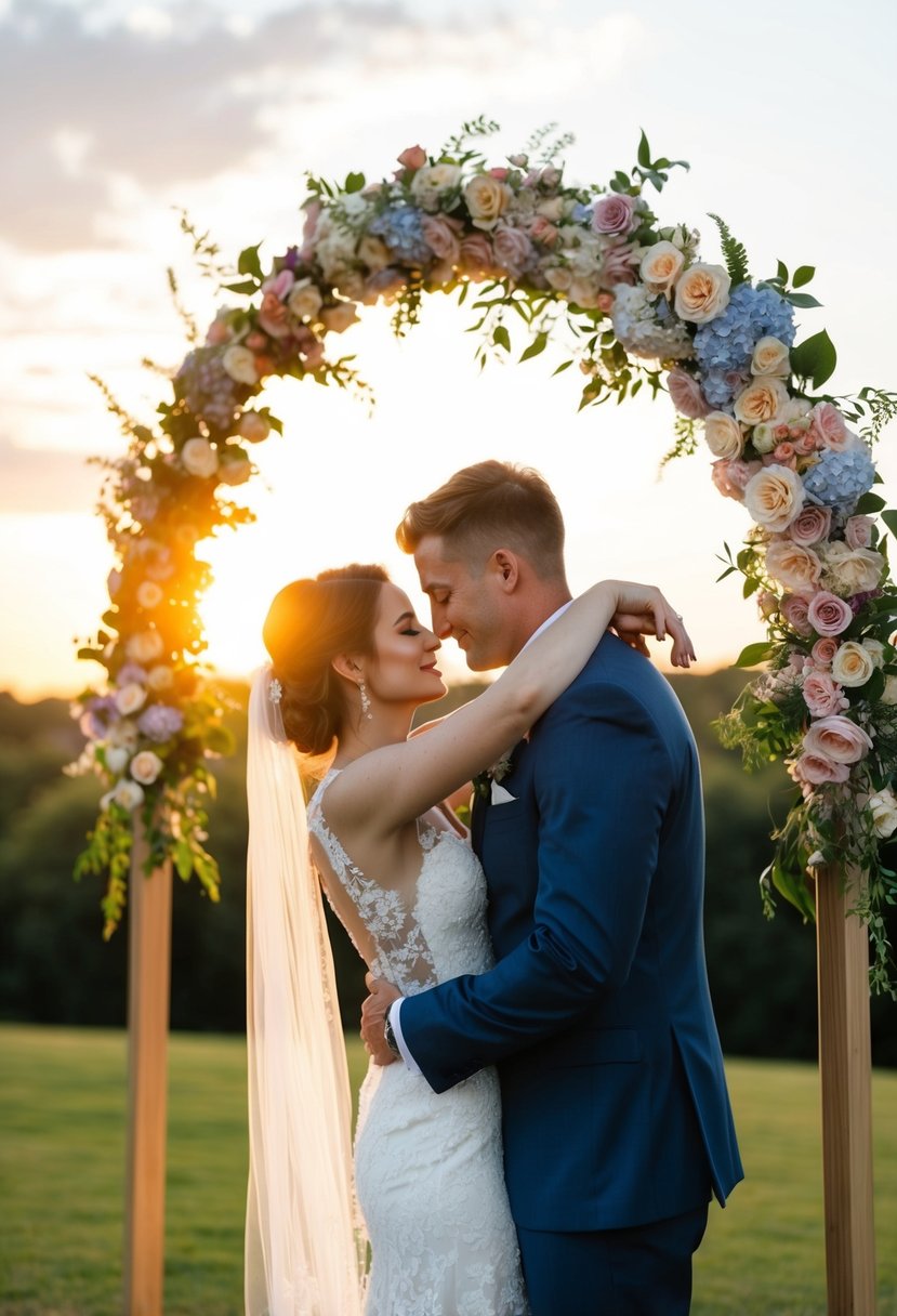 A bride and groom embrace under a floral arch at sunset