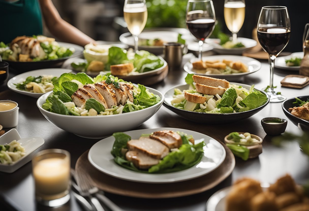 A table set with a rotisserie chicken caesar salad surrounded by 12 keto spa resort meal options