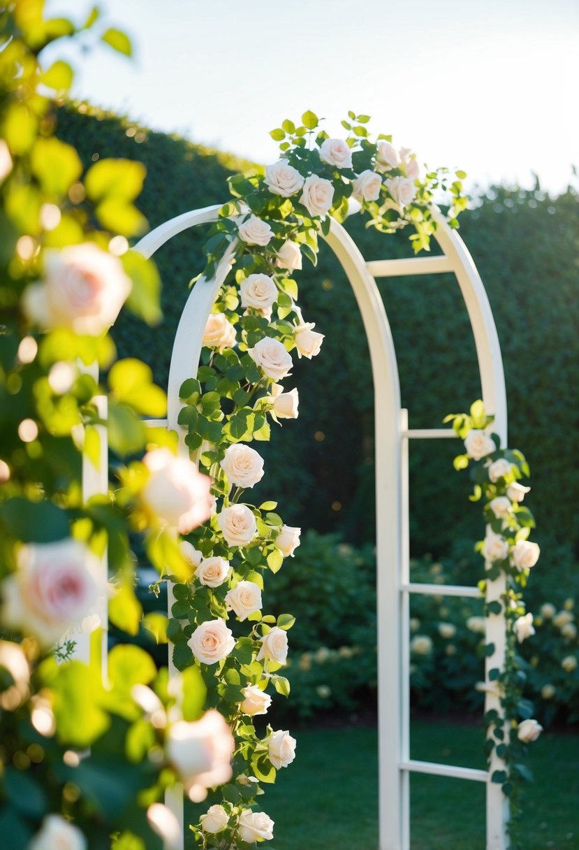 A sunlit garden with intertwined roses and a vintage-inspired wedding arch