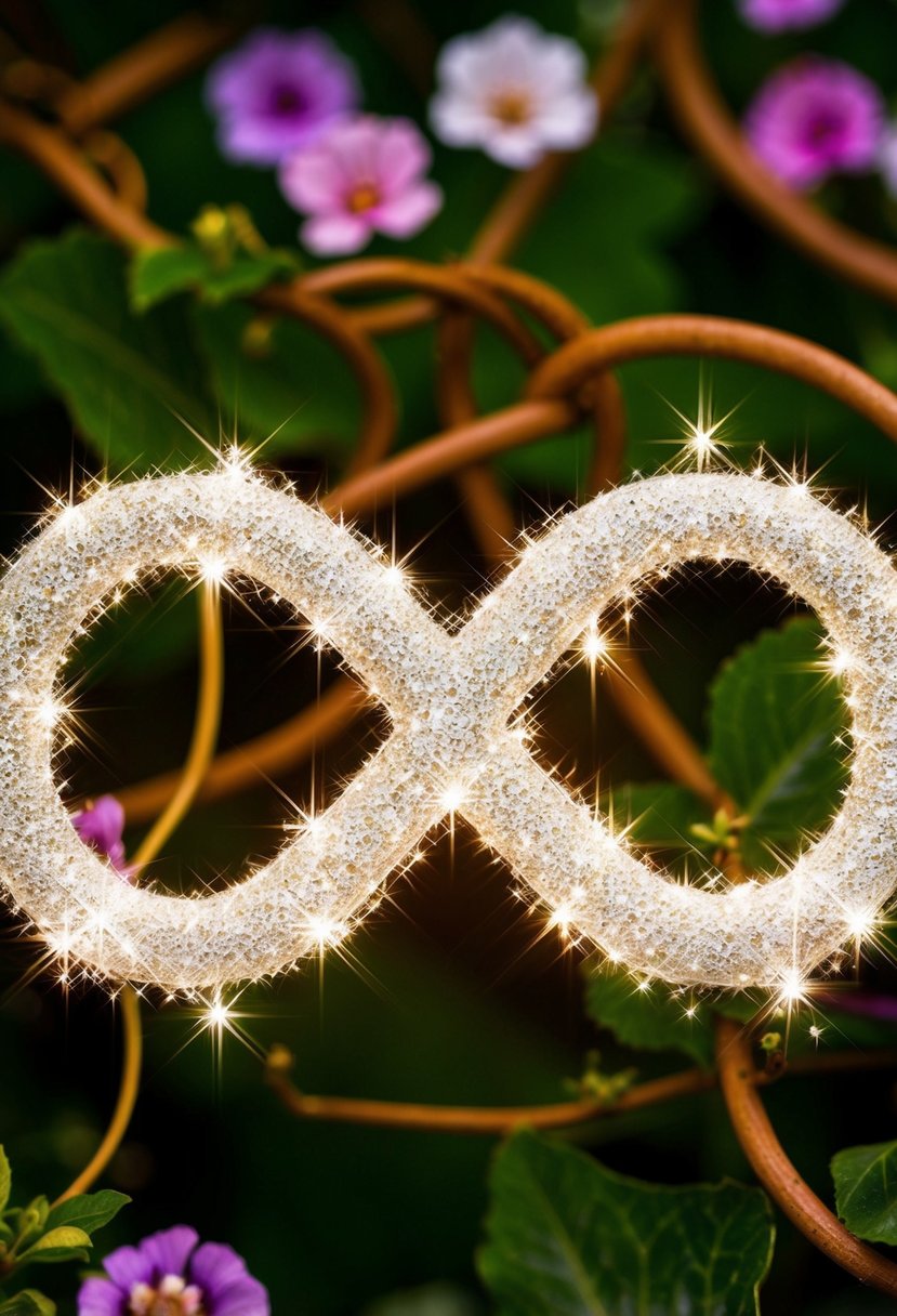 A sparkling infinity symbol surrounded by intertwining vines and flowers