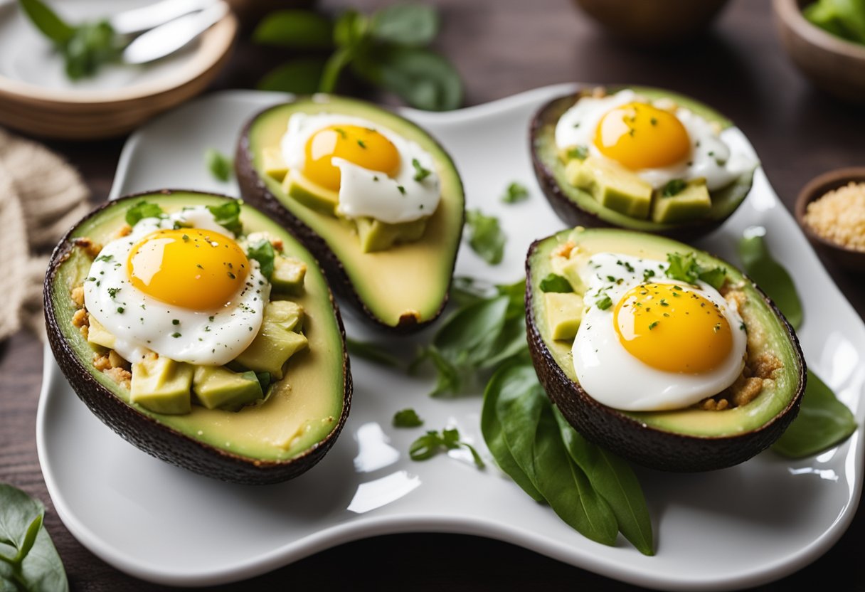 A plate of baked avocado halves filled with eggs, surrounded by a variety of keto-friendly spa resort meal options