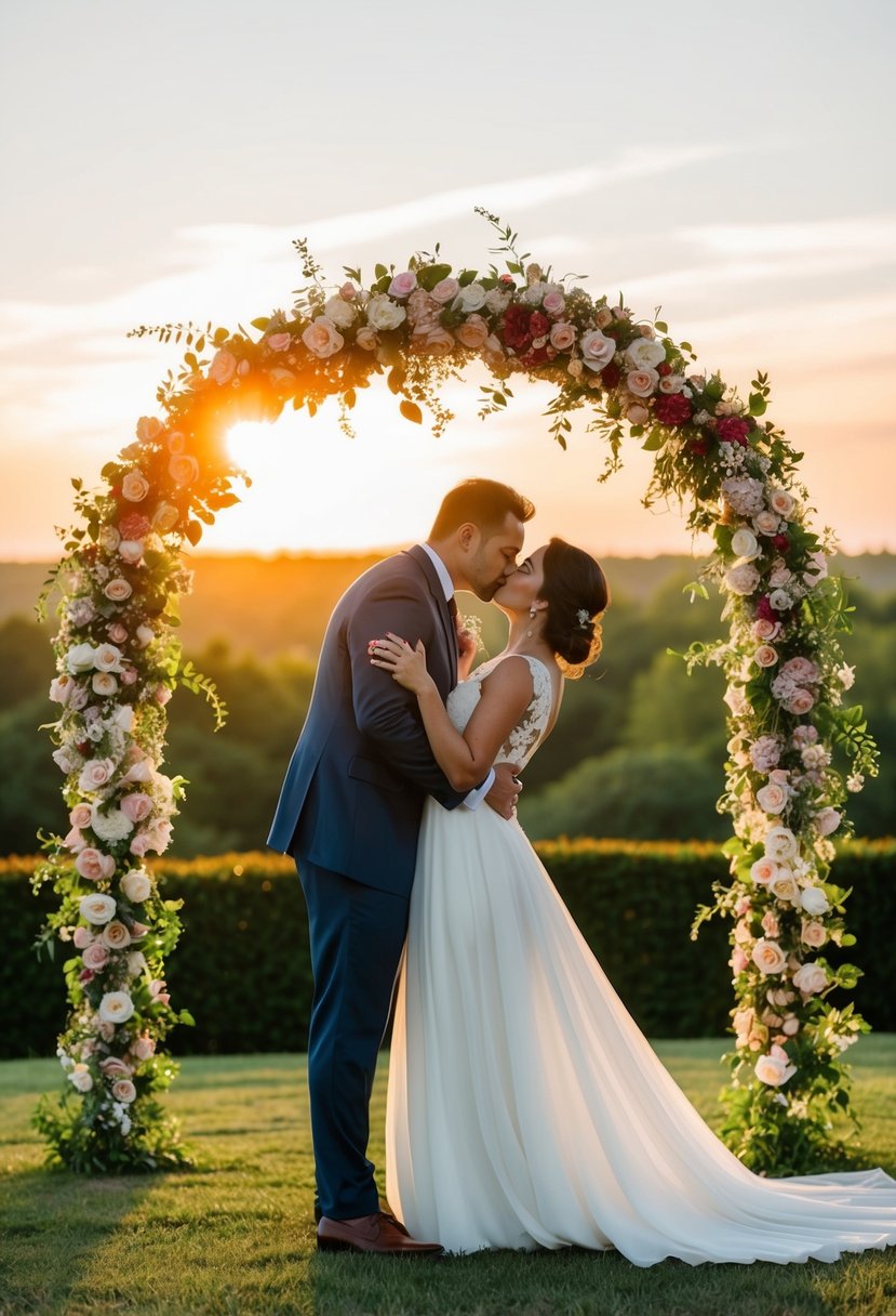 A bride and groom kissing under a floral arch at sunset