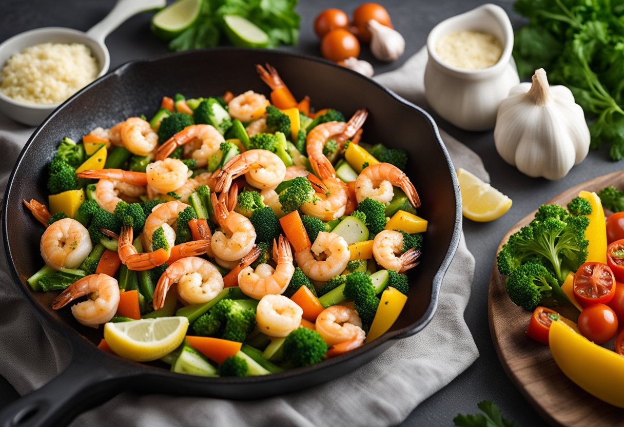 A sizzling skillet of garlic butter shrimp surrounded by vibrant keto-friendly vegetables at a luxurious spa resort