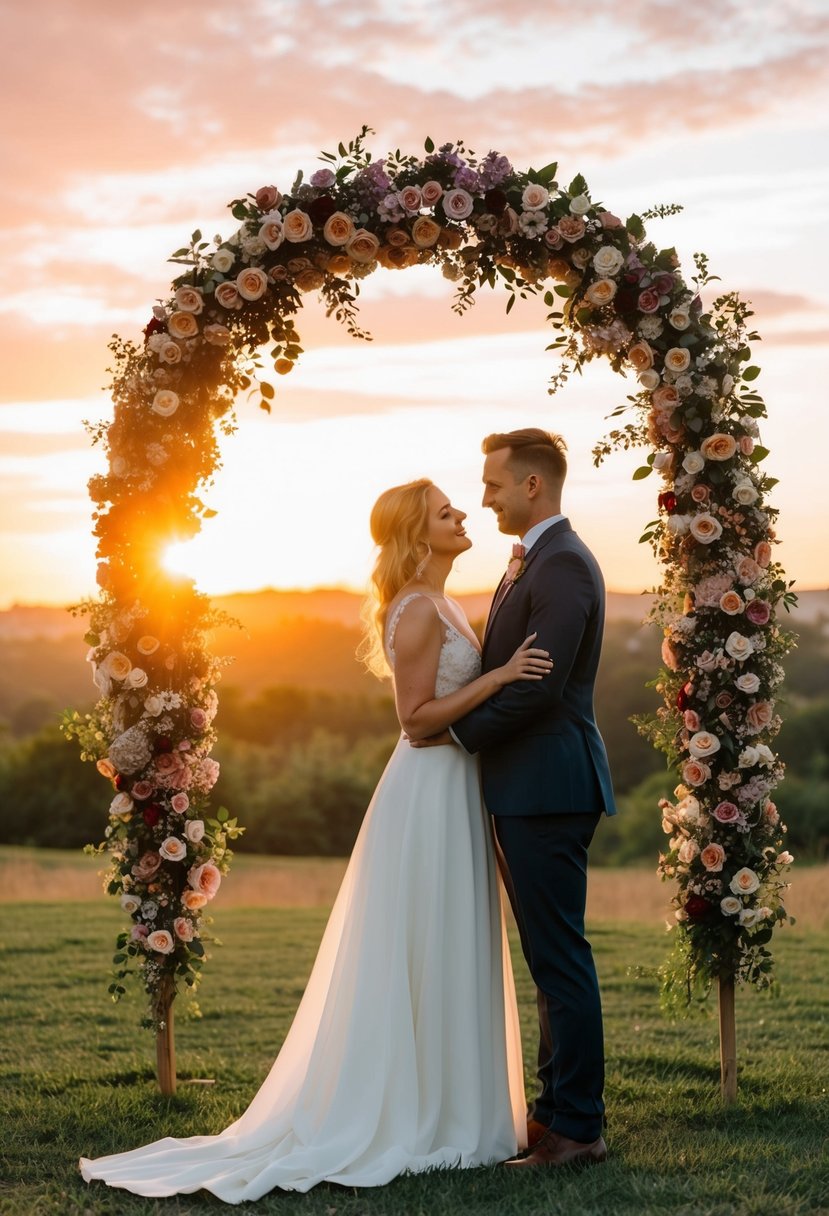 A couple standing under a floral arch at sunset