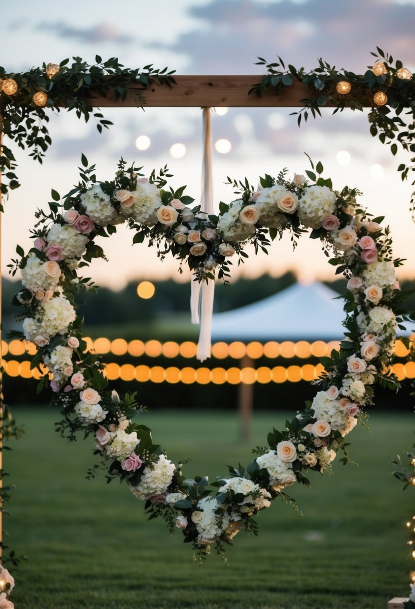 A heart-shaped wedding arch adorned with flowers and surrounded by twinkling lights