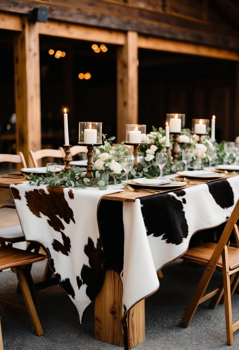 A cowhide tablecloth drapes over a wooden table, adorned with western-themed wedding centerpieces