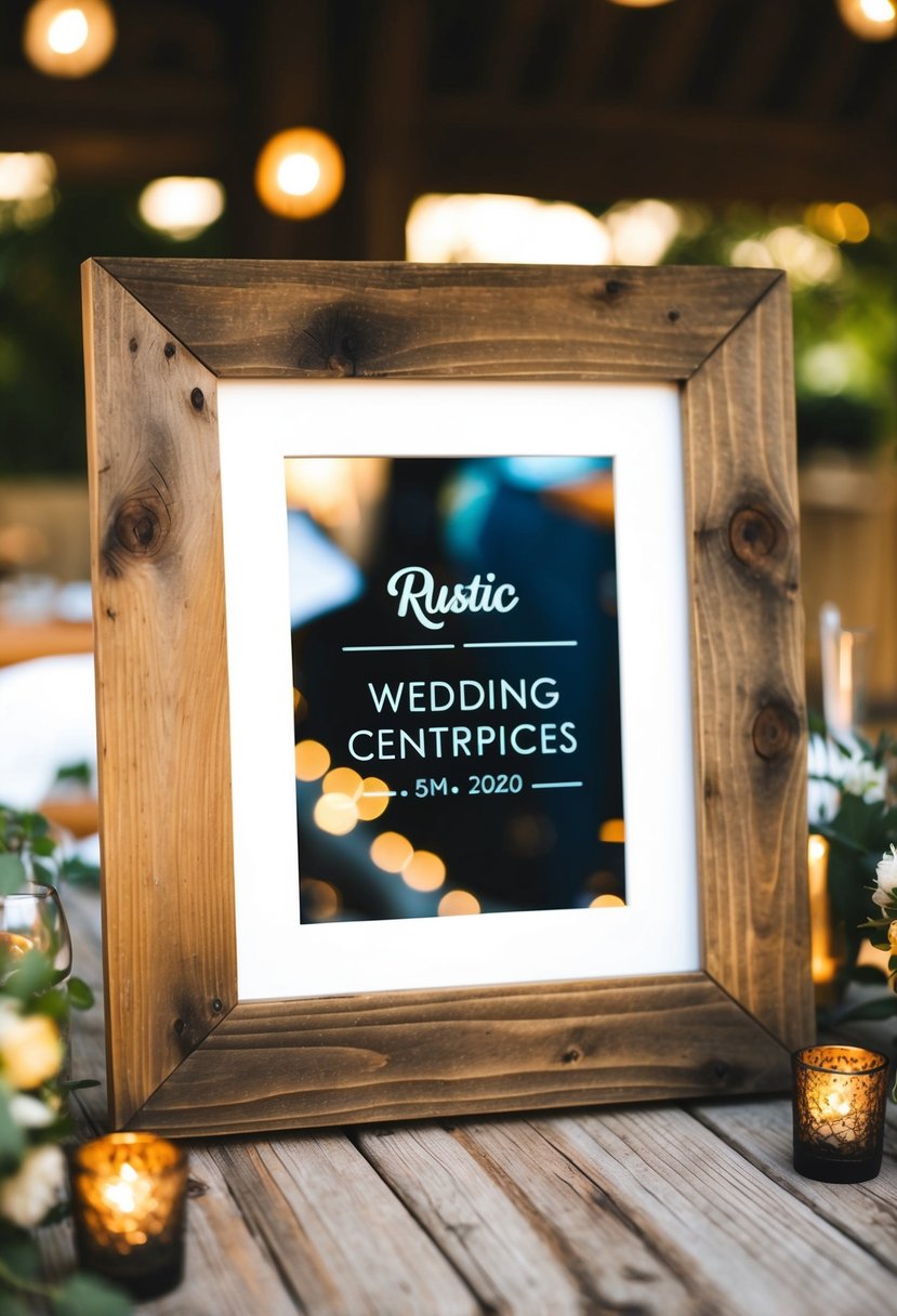 A barnwood picture frame holds rustic wedding centerpieces