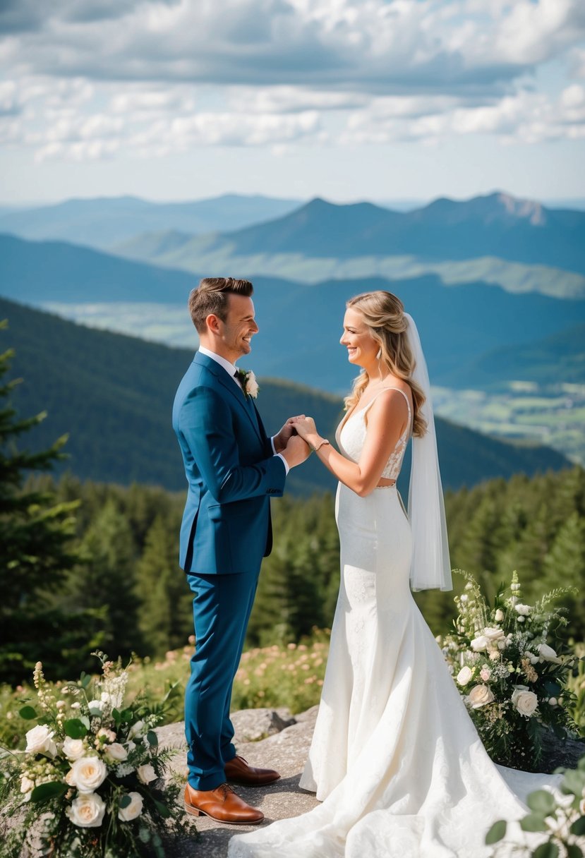 A couple exchanging vows on a mountaintop, surrounded by lush greenery and a breathtaking view of the landscape