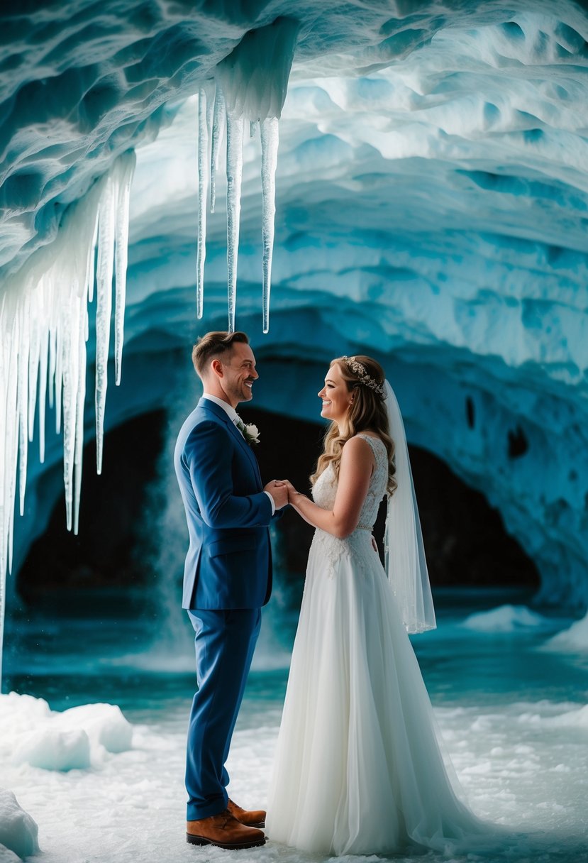 A couple exchanges vows in an ice cave, surrounded by shimmering icicles and a frozen waterfall