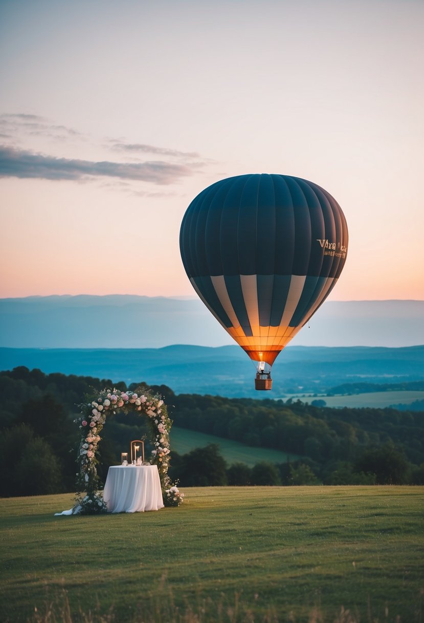 A hot air balloon drifting over a scenic landscape with a wedding altar and floral decorations