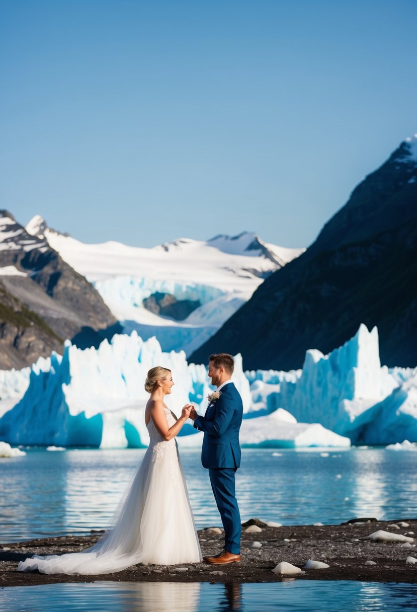 A couple exchanging vows on a remote glacier lagoon, surrounded by towering icebergs and snow-capped mountains under a clear blue sky