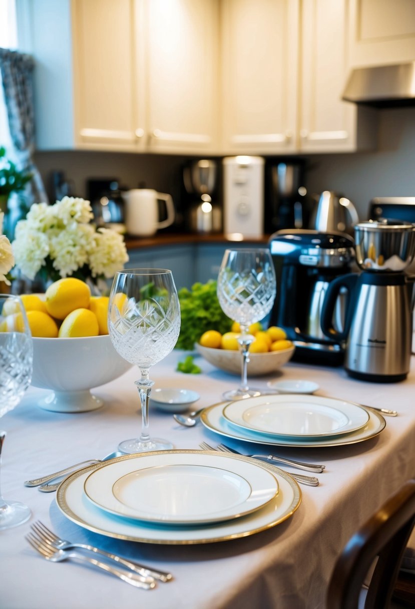 A table set with fine china, crystal glasses, and silverware. Nearby, a collection of kitchen gadgets and appliances