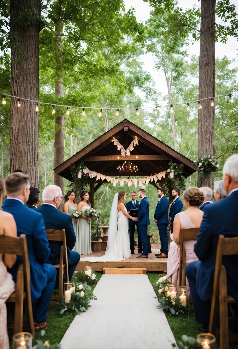 A treehouse wedding ceremony with rustic decor, surrounded by lush greenery and twinkling fairy lights