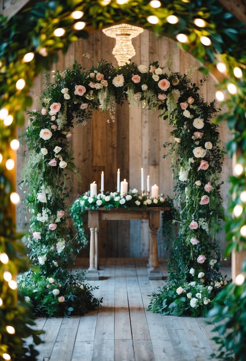 A floral archway frames a rustic wooden altar, surrounded by lush greenery and twinkling fairy lights