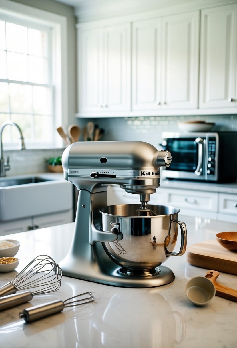 A KitchenAid Classic Stand Mixer sits on a pristine kitchen counter, surrounded by gleaming stainless steel appliances and neatly organized baking tools