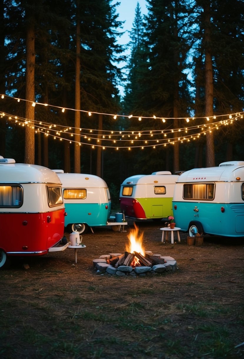 A cluster of colorful retro campers nestled in a forest clearing, with twinkling string lights and a cozy campfire