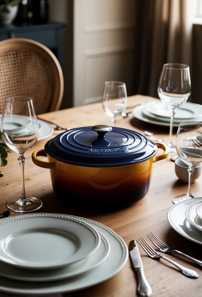 A beautifully set dining table with a Le Creuset Dutch Oven as the centerpiece, surrounded by elegant dinnerware and glassware