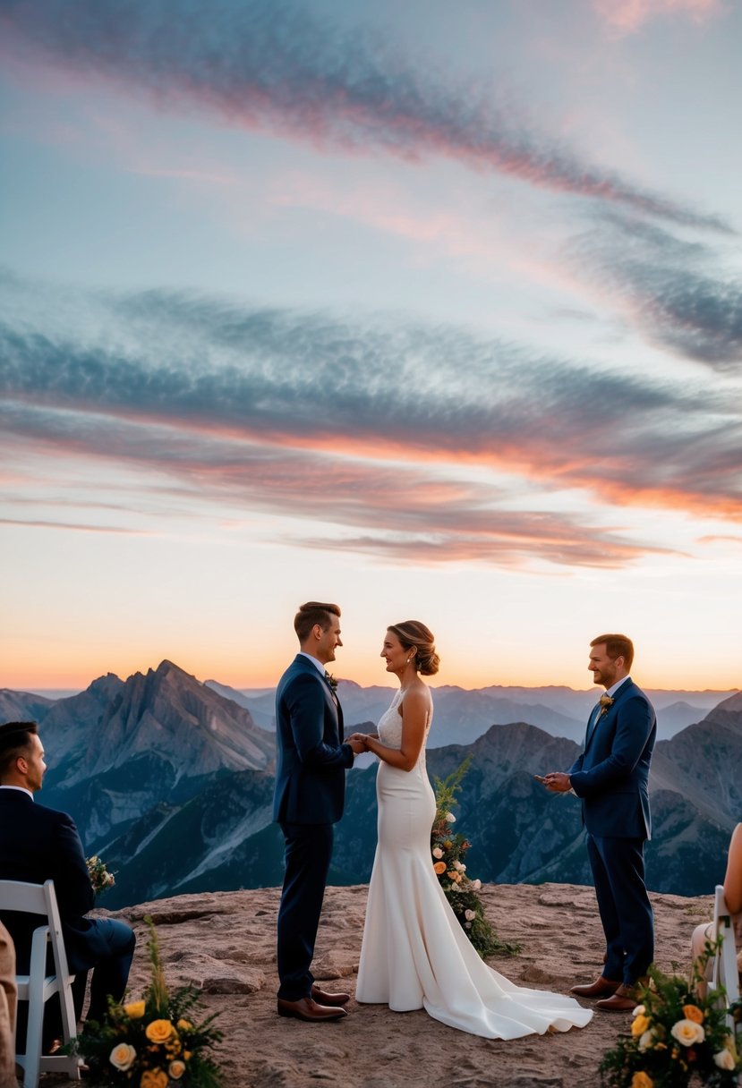 A mountaintop ceremony with a couple exchanging vows amidst breathtaking views of the rugged landscape and a colorful sunset in the background