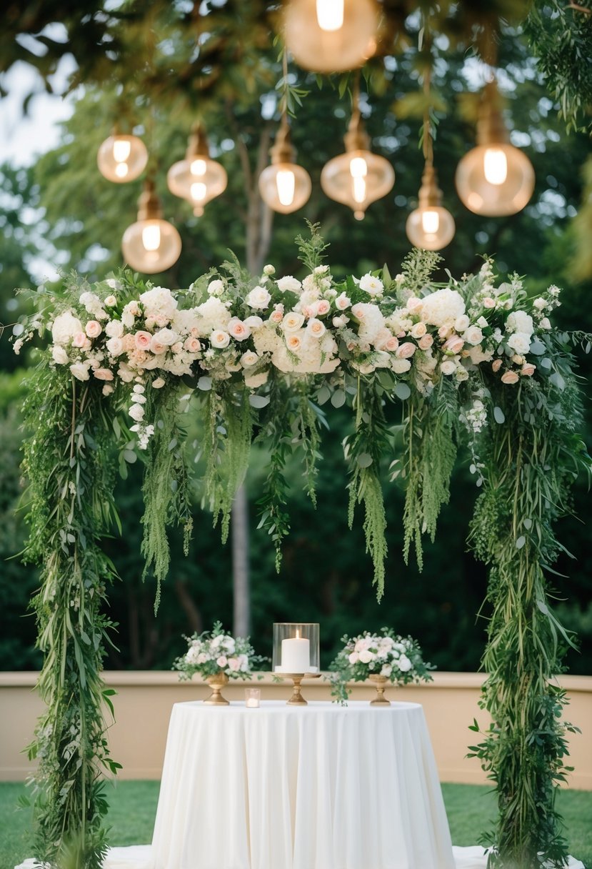 A lush floral canopy adorned with hanging greenery creates a romantic wedding altar