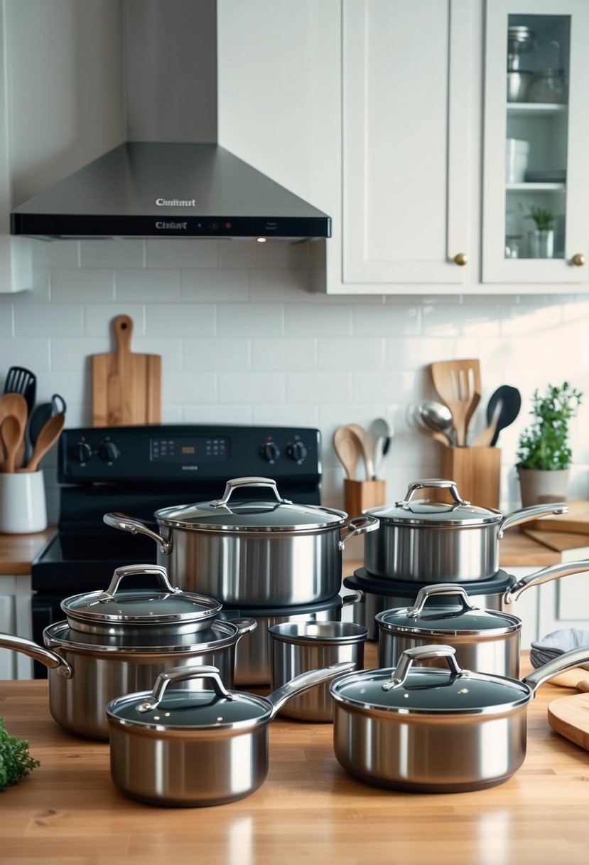 A kitchen counter with a Cuisinart 12-Piece Cookware Set arranged neatly, surrounded by various kitchen utensils and appliances