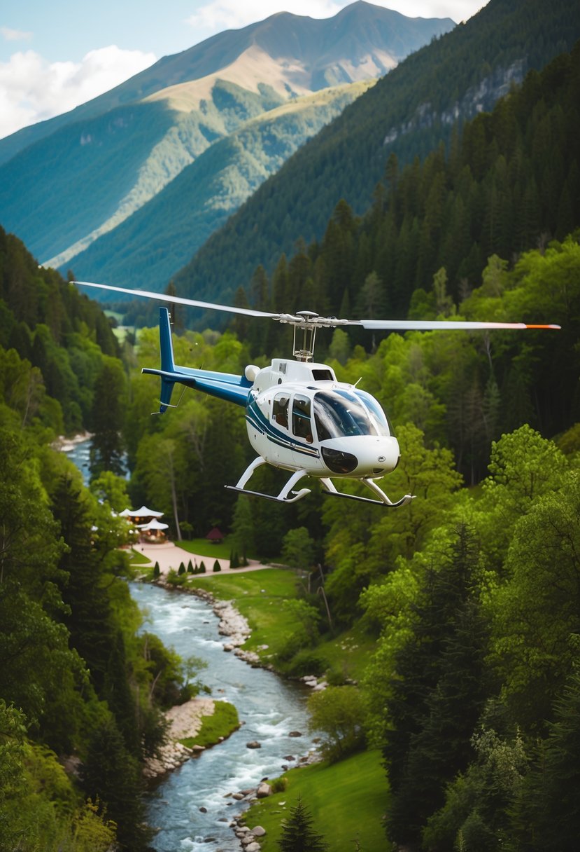 A helicopter hovers over a lush mountain valley, with a small wedding venue nestled among the trees and a winding river below