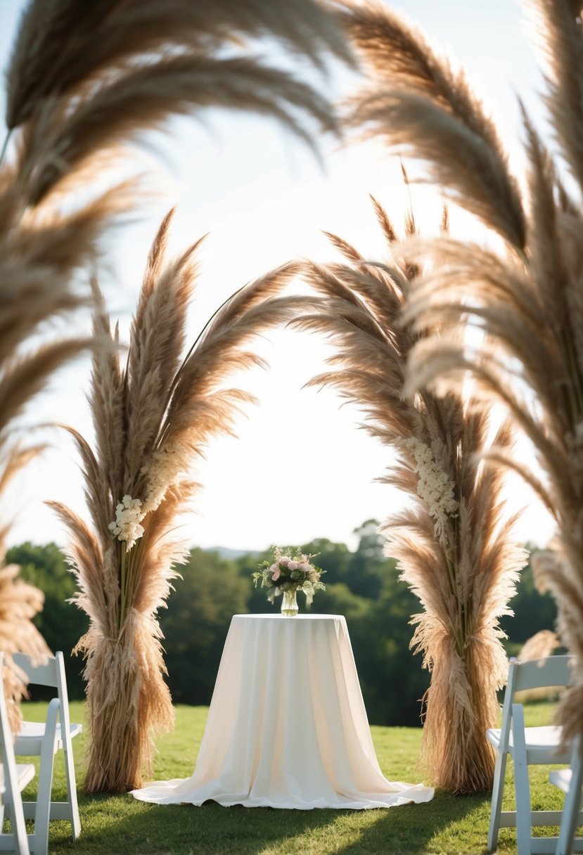 An archway of tall pampas grass stands as a natural wedding altar, with sunlight streaming through the feathery plumes