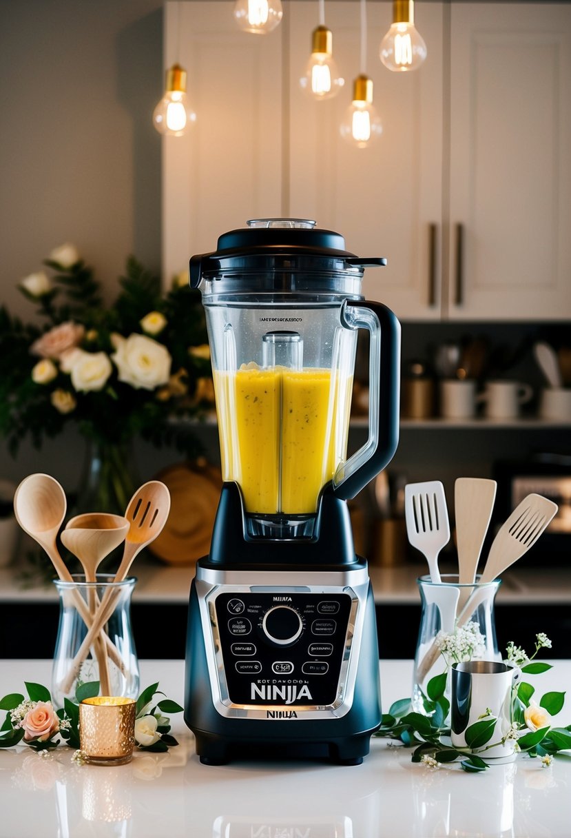 A Ninja Professional Blender surrounded by kitchen utensils and wedding decor on a countertop