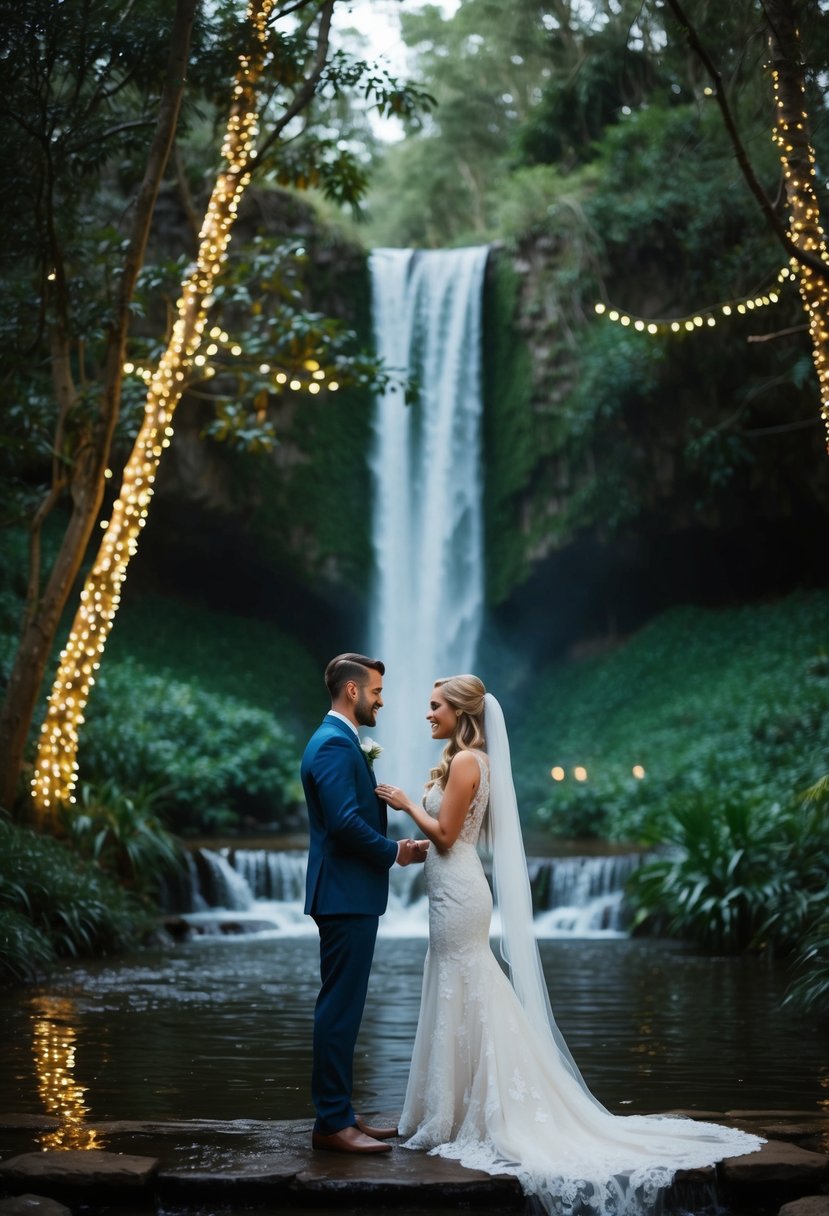 A couple exchanges vows under a cascading waterfall in a lush, enchanted forest. Fairy lights twinkle in the trees, creating a magical ambiance