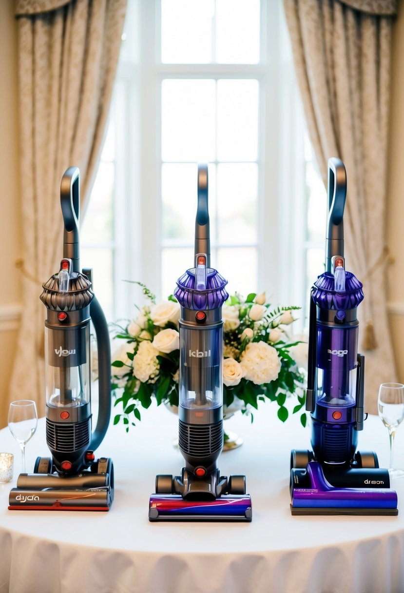 A beautifully decorated wedding registry table with a Dyson V11 Vacuum prominently displayed among other luxury home items