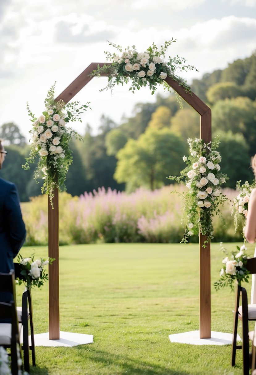 A heptagonal wooden arch stands adorned with flowers and greenery, creating a romantic and elegant wedding altar