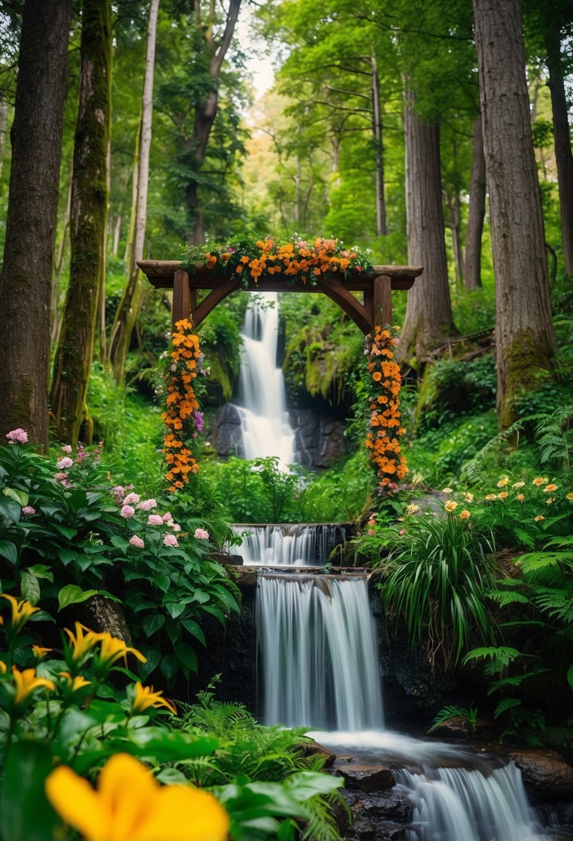 A lush forest clearing with a cascading waterfall and a wooden arch adorned with flowers, surrounded by towering trees and vibrant wildlife