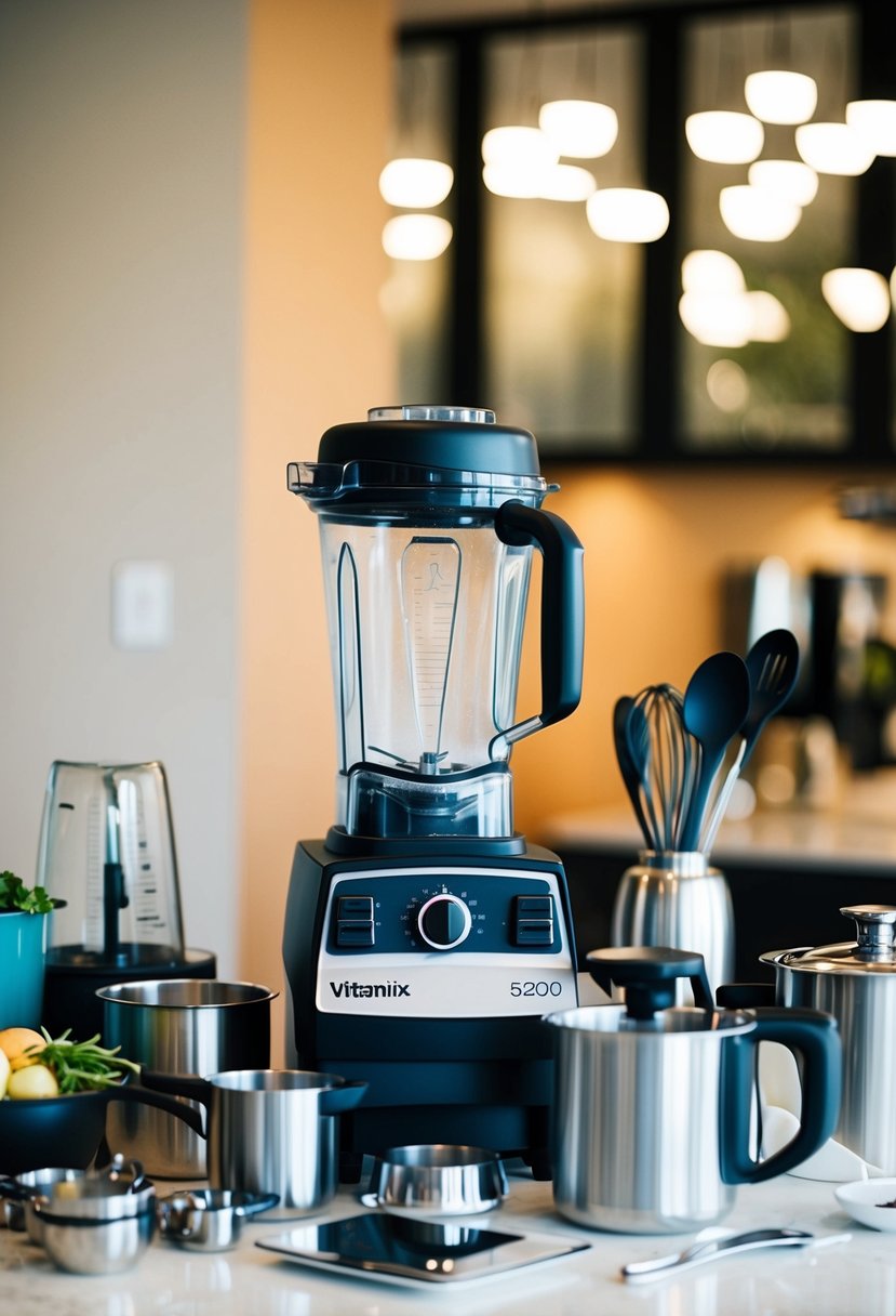 A Vitamix 5200 Blender surrounded by wedding registry items like cookware, utensils, and kitchen appliances on a table