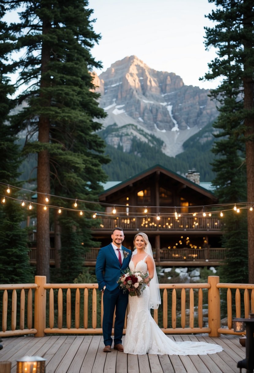 A couple stands on a wooden deck, surrounded by towering pine trees and a majestic mountain backdrop. A rustic lodge with string lights and floral decor sets the scene for their upscale adventure wedding