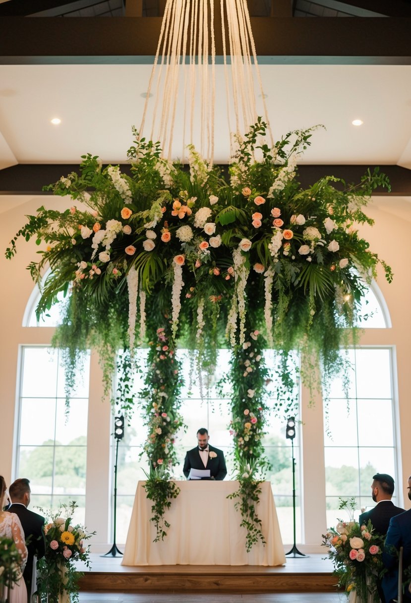 A large suspended floral installation hangs above a wedding altar, with lush greenery and vibrant flowers cascading down