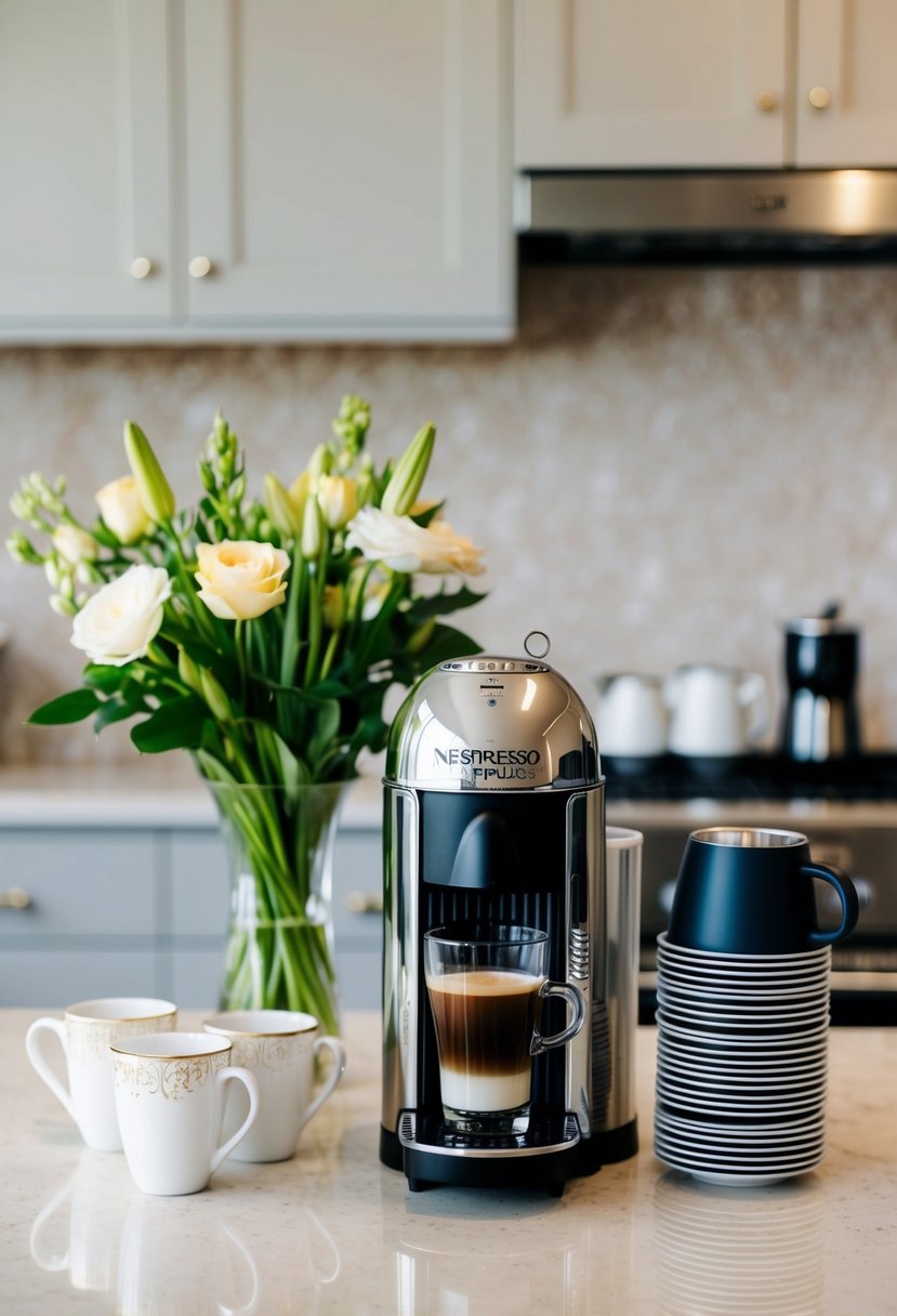 A beautifully wrapped Nespresso VertuoPlus sits on a kitchen counter next to a stack of elegant coffee mugs and a bouquet of fresh flowers