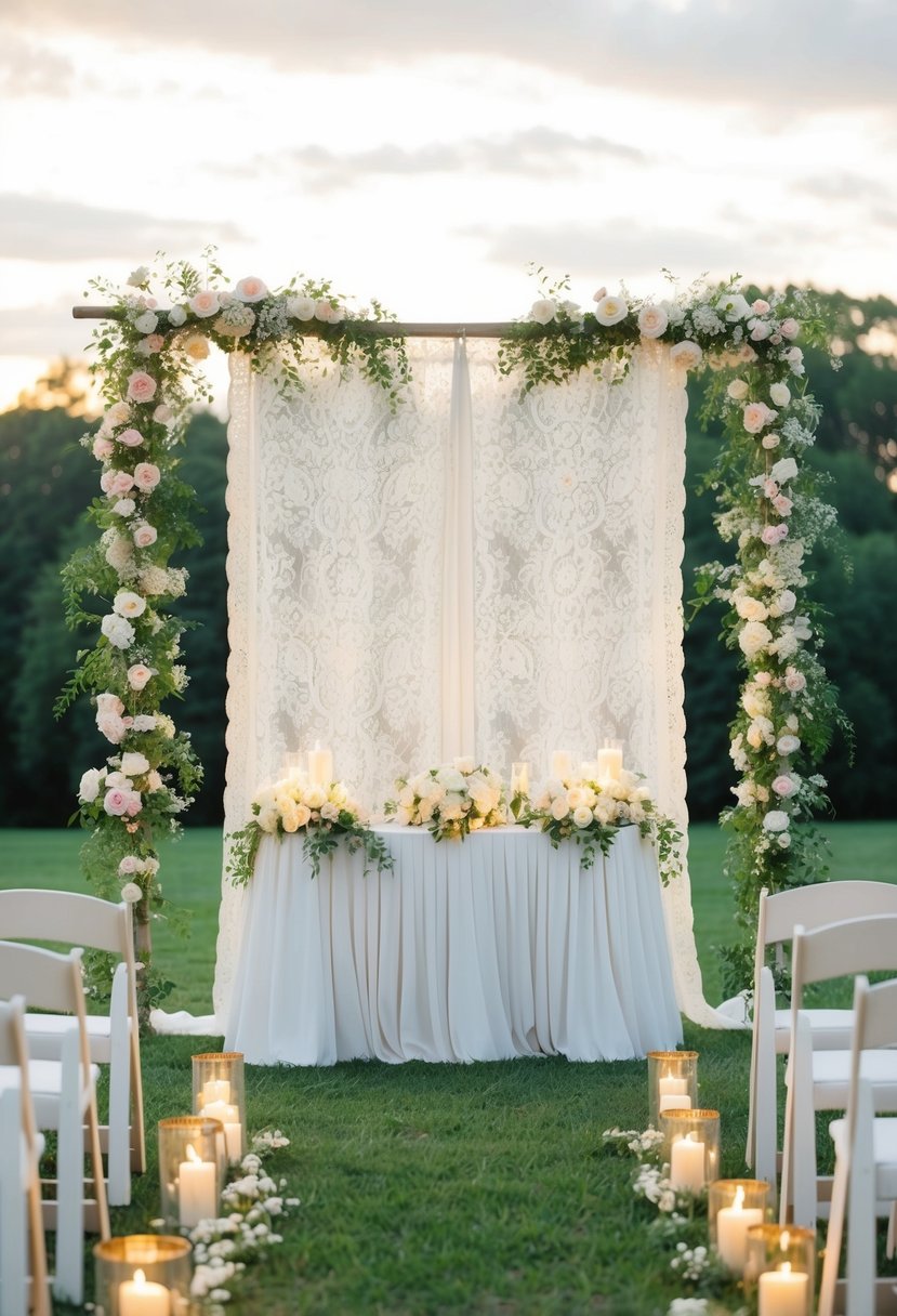 A vintage lace backdrop hangs behind an outdoor wedding altar, adorned with delicate flowers and soft candlelight