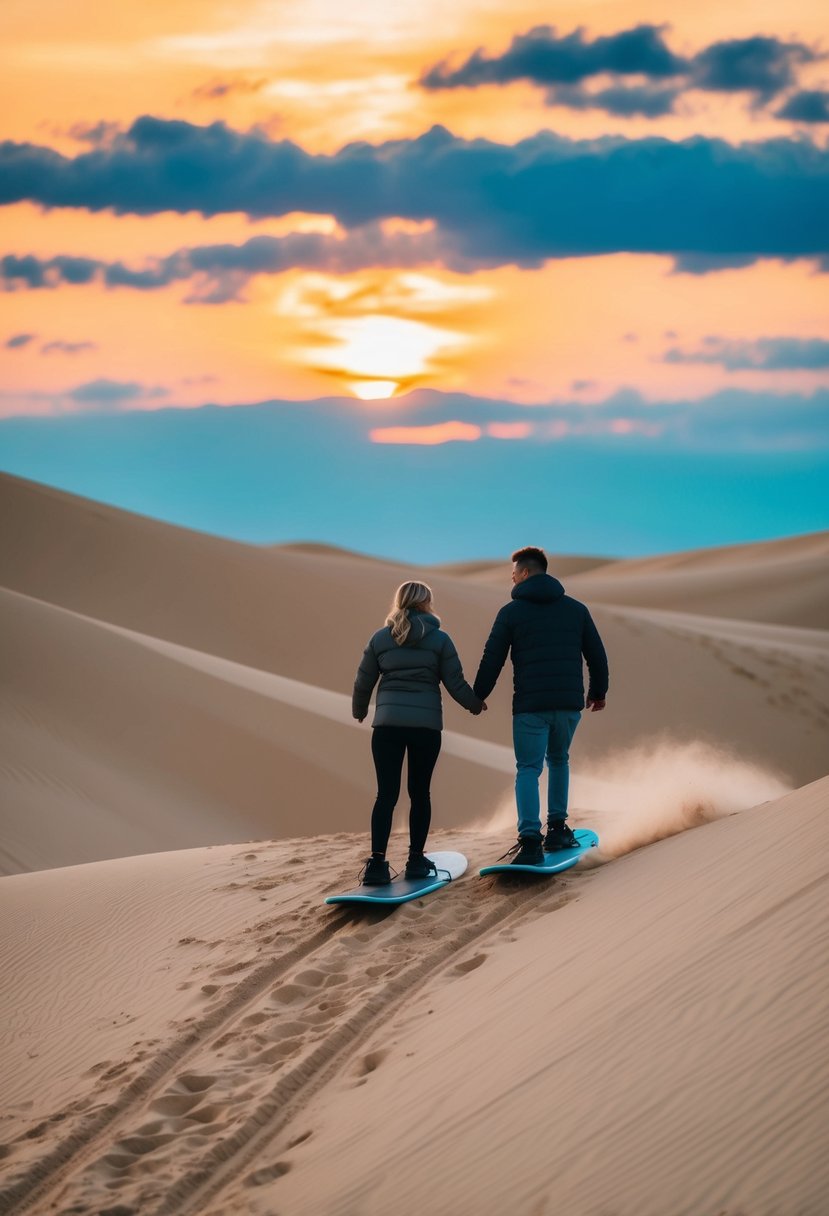 A couple dune boards down a sandy slope, surrounded by desert dunes and a beautiful sunset sky