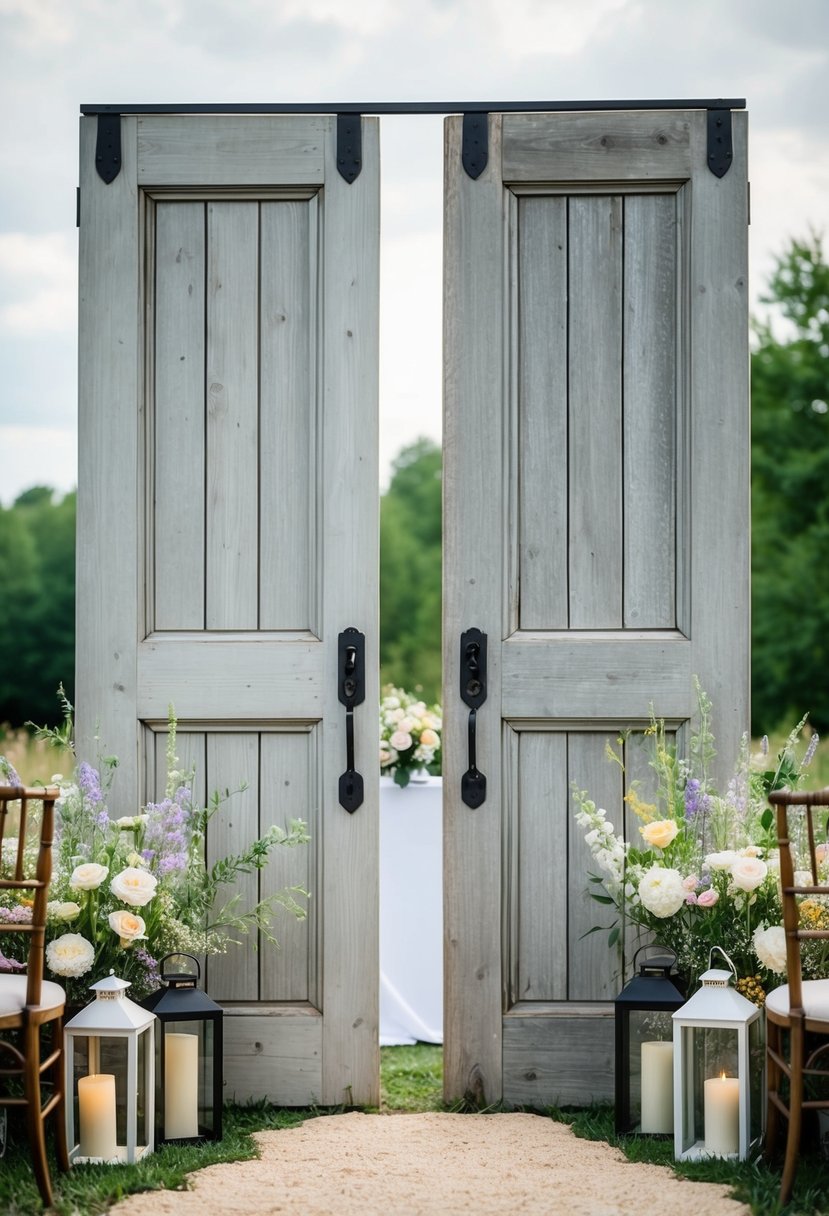 A pair of weathered wooden doors stand tall, flanked by wildflowers and lanterns, creating a rustic backdrop for a wedding altar