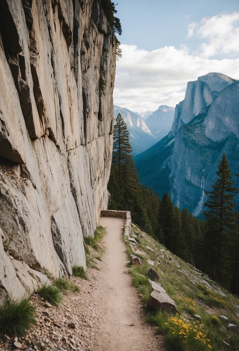 A rugged cliff face with a narrow path leading to a secluded ceremony site surrounded by breathtaking mountain views