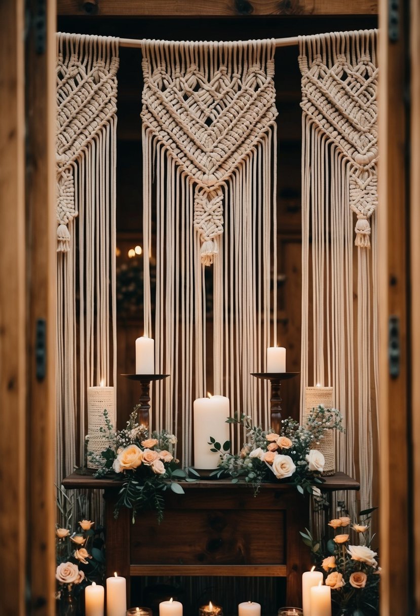 A macrame curtain hangs behind a wooden altar, adorned with flowers and candles