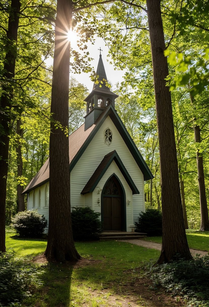 A quaint chapel nestled among tall trees, dappled sunlight filtering through the leaves, creating a serene and intimate setting for a woodland wedding