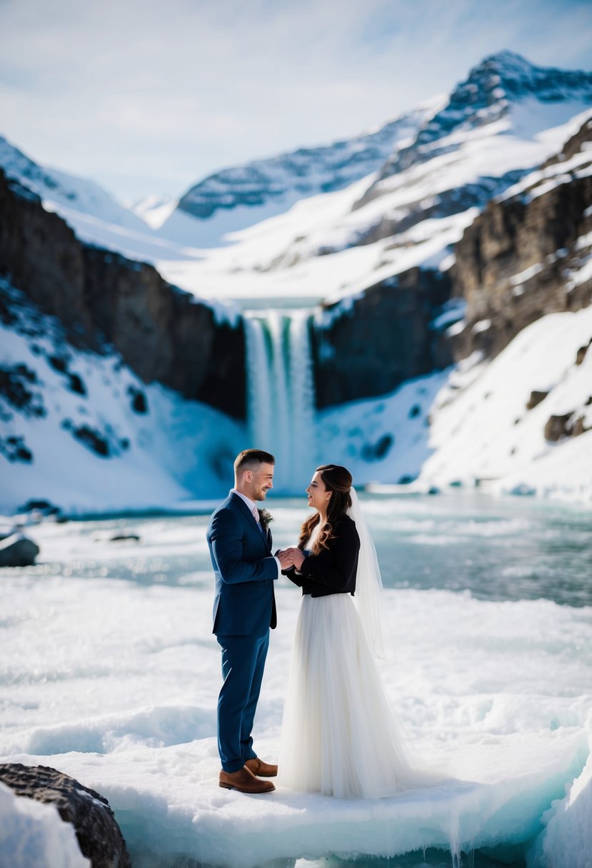 A couple exchanging vows on an icy cliff, surrounded by snow-capped mountains and a frozen waterfall