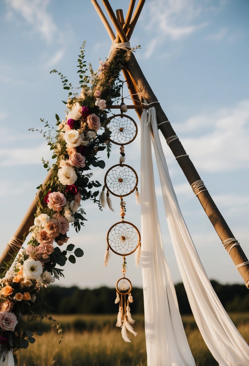 A bohemian teepee structure adorned with flowers, dreamcatchers, and draped fabric serves as a unique wedding altar