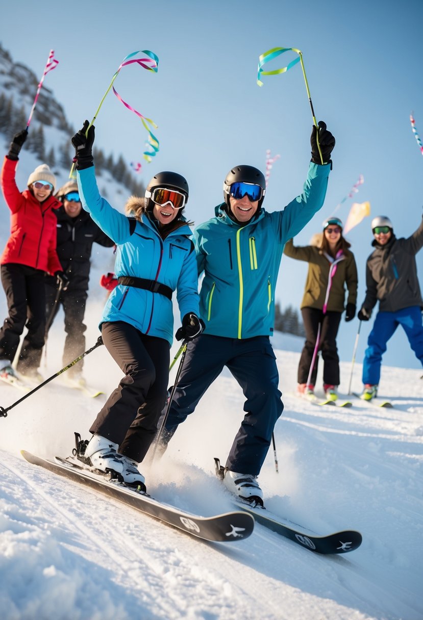 A couple skis down a snowy mountain, surrounded by friends and family cheering and waving streamers